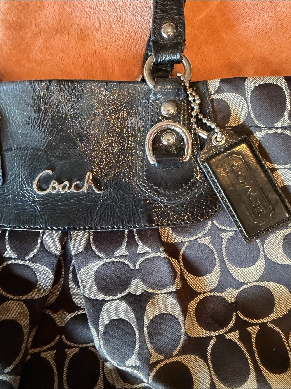 Coach Black and Beige Signature Shoulder Tote with Silver Accents